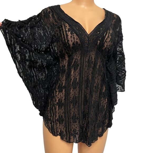 Solitaire Women's Black Sheath Blouse Knit V Neck Butterfly Sleeves Stretch - Picture 2 of 10